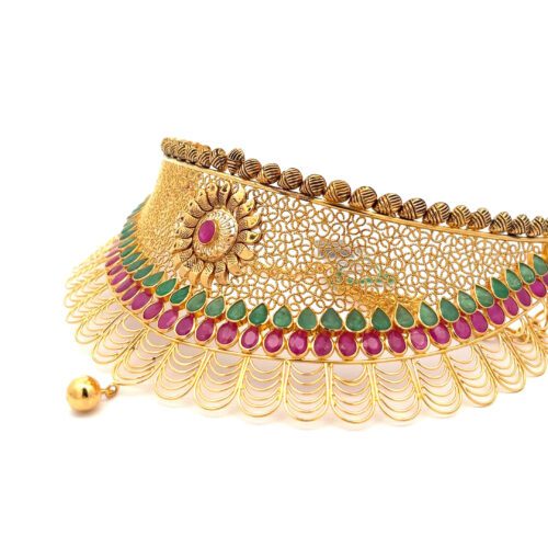 Gemstone Symphony Gold Choker - Left Side View | Mustafa Jewellery